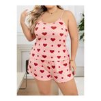 euro click Büyük Beden Kadın Pembe Kalp Desenli Askılı Şortlu Pijama Takımı Rahat Yazlık Ev Giyim Plus Size