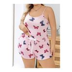 euro click Büyük Beden Kadın Pembe Kelebek Desenli Askılı Şortlu Pijama Takımı Rahat Yazlık Ev Giyim Plus Size