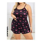 euro click Büyük Beden Kadın Siyah Kalp Desenli Askılı Şortlu Pijama Takımı Rahat Yazlık Ev Giyim Plus Size