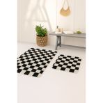 EUROBANO Chess Dama Desen 2'li Banyo Paspası Kemik-Siyah 60x100 60x50 cm Yıkanabilir Lateks Kaymaz Taban
