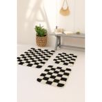 Eurobano Chess Dama Desen 3'lü Banyo Paspası Kemik-Siyah 60X100 60X50 60X50 cm Yıkanabilir Lateks Kaymaz Taban