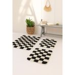 Eurobano Chess Dama Desen 3'lü Banyo Paspası KEMIK-SIYAH80X50 50X40 50X40 cm Yıkanabilir Lateks Kaymaz Taban - Krem - Siyah
