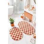 Eurobano Chess Dama Desenli 2'li Oval Bohem Banyo Paspası Lateks Kaymaz Makinede Yıkanabilir 60X100 60X50 cm - Kemik - Somon