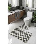 Eurobano Chess Dama Desenli Lateks Kaymaz Taban Makinede Yıkanabilir 2'li Bohem Banyo Paspası 60X100 60X50 - Kemik - Füme