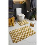 Eurobano Chess Dama Desenli Lateks Kaymaz Taban Makinede Yıkanabilir 2'li Bohem Banyo Paspası 60X100 60X50 - Kemik - Hardal
