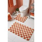 Eurobano Chess Dama Desenli Lateks Kaymaz Taban Makinede Yıkanabilir 2'li Bohem Banyo Paspası 60X100 60X50 - Kemik - Somon
