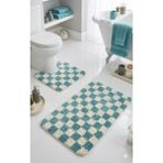 Eurobano Chess Dama Desenli Lateks Kaymaz Taban Makinede Yıkanabilir 2'li Bohem Banyo Paspası 80X50 50X40 cm - Kemik - Turkuaz