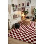 Eurobano Chess Dama Kırmızı-Kemik Yıkanabilir Halı Yolluk Salon Oturma Odası Balkon Koridor Halısı Shaggy - Kemik - Bordo - 120 x 150 cm