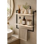 Euromob 2 Katlı Banyo Rafı Havlu Askılı 60x20 cm Duvara Monte Siyah Metal Ahşap Organizer Düzenleyici