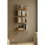 Euromob 60x20 cm, 4 Raflı Kitaplık | Duvar Rafı & Mutfak, Banyo, Organizer, Gold Metal, Çam Ahşap