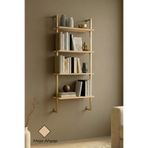 Euromob 60x20 cm, 4 Raflı Kitaplık | Duvar Rafı & Mutfak, Banyo, Organizer, Gold Metal, Meşe Ahşap