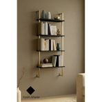 Euromob 60x20 cm, 4 Raflı Kitaplık | Duvar Rafı & Mutfak, Banyo, Organizer, Gold Metal, Siyah Ahşap
