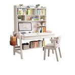 Ev ofis veya yatak odası için ideal yerleşik kitaplıklı masif ahşap çalışma masası (Renk: Beyaz + Sandalye A, Boyut: 80 x 60 x 186 cm)