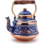 Eva Copper 1,6 Litre El Işlemeli Nostaljik Tekli Kalaylı Dövme Bakır Demlik, Çaydanlık, Su Isıtıcısı - Mavi - NO 1