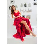 Eva Fashion Fuşya Empirme Bacak Dekolteli Uzun Abiye Elbise