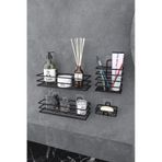 Eva Metal Tasarim Yapışkanlı Banyo Seti Duş Rafı + Sabunluk + Diş Fırçalık Metal Set Siyah