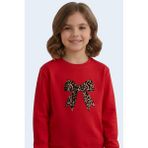 Evavi Kız Çocuk Kurdele Baskılı Bisiklet Yaka Kırmızı Sweatshirt - 7 - 8 Yaş