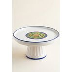 Evcime El Yapımı Ayaklı Seramik Sunum Tabağı & Pasta Standı - Mandala Desenli - 20 cm - Mavi Yeşil Beyaz