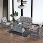 EVDEMO Icon Rattan Bahçe Balkon Oturma Takımı 2+1+1+Camlı Masa Gri Plastik Rattan Materyal ile Konforlu Kullanım