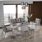 Evdemo Joy 3+1+1 Cam Masalı Puflu Rattan Bahçe Balkon Oturma Takımı Kemik