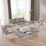Evdemo Joy Rattan Puflu Bahçe Balkon Takımı 3+1+1+ Camlı Masa Kemik Rengi Naturel