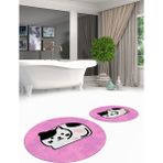 Evdeya 3d Dijital Baskılı Yıkanabilir Kedi Desenli Ikili Banyo Halısı Paspas Yuvarlak, Klozet-43-Pembe,