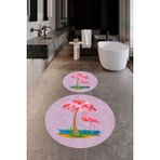 Evdeya Dijital Baskılı Yıkanabilir Flamingo Desenli Ikili Banyo Halısı Paspas Yuvarlak, Klozet-30-Pembe,