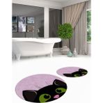 Evdeya Dijital Baskılı Yıkanabilir Kedi Desenli Ikili Banyo Halısı Paspas Yuvarlak, Klozet-40-Pembe,