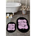 Evdeya Dijital Baskılı Yıkanabilir Modern Ayak Izi Desenli Ikili Oval Banyo Halısı, Klozet-20-Pembe, - Siyah