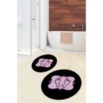 Evdeya Dijital Baskılı Yıkanabilir Modern Ayak Izi Desenli Ikili Yuvarlak Banyo Halısı, Klozet-20-Pembe, - Siyah