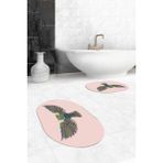 Evdeya Dijital Baskılı Yıkanabilir Rengarenk Baykuş Ikili Banyo Halısı Paspas Oval, Klozet-37-Pembe,