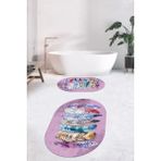 Evdeya Dijital Baskılı Yıkanabilir Renkli Etnik Yaprak Desen Ikili Banyo Halısı Oval, Klozet-25-Pembe,