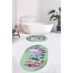 Evdeya Dijital Baskılı Yıkanabilir Renkli Etnik Yaprak Desen Ikili Banyo Halısı Oval, Klozet-25-Yeşil,