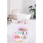 Evdeya Dijital Baskılı Yıkanabilir Renkli Kaktüs Desenli Ikili Banyo Halısı Oval, Klozet-24-Pembe,