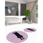 Evdeya Dijital Baskılı Yıkanabilir Sevimli Kedi Ikili Banyo Halısı Paspas Yuvarlak, Klozet-39-Pembe,