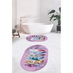 Evdeya Dijital Yıkanabilir Kaymaz Renkli Etnik Yaprak Desen İkili Banyo Halısı Oval Klozet Takımı O-KLOZET-25, Pembe, 40 x 60