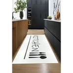 Evdeya Kitchen Yazılı Kaşık Çatal Bıçak Desenli Yıkanabilir Yolluk Mutfak Halısı MUTFAK-49, Beyaz, 60 x 150