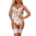EVELIFE Body Kadın İç Çamaşırı Takımları Seksi Dantel Body Uyluk Manşetli İç Çamaşırı Oyuncak Babydolls Uyluk Jartiyer Çorap Yok（Beyaz,S)