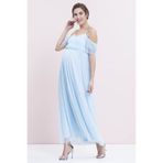 Even Fashion Hamile Giyim Çiçek Detaylı Tül Uzun Abiye Hamile Elbise Mavi
