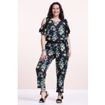Even Plus Size - Büyük Beden Kadın Giyim Siyah Çiçekli Krep Büyük Beden Tulum