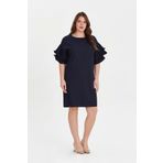 EVEN plus size Lacivert Kolu Volanlı Midi Büyük Beden Elbise