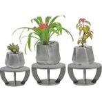 Evene Ahşap Ayaklı Beton Saksı Büyük Boy Set 3 Adet Kalın Çizgili Model - Gümüş