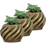 Evene Mini Çiçek Saksı Küçük Sukulent Eskitme Kaktüs Saksısı 3'lü Set Kalın Çizgili Spiral Model - Gold