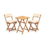 Evidea | Meya Dekor 2+1 Katlanır Ahşap Bistro Set - Natürel - 50x50 cm (Minderli)