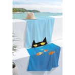 Evimde Bambaşka Kedi Figürlü Deniz Temalı Çocuk Plaj Havlusu - Mavi Minimalist Unisex Hızlı Kuruyan Mikrofiber Havlu