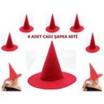 evimdeyokyok Evimdeyokyok Kırmızı Renk Keçe Cadı Şapkası Yetişkin Çocuk Uyumlu 6 Adet Çok Renkli