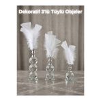 Eviniz güzel Gümüş Detaylı Kristal Taşlı Dekoratif 3’lü Beyaz Tüylü Obje Seti