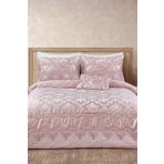 Evlen Home Collection Lily Fransız Dantelli Güpürlü Çift Kişilik Yatak Örtüsü Abiye Günlük Çeyizlik Set (4 PARÇA) Pudra
