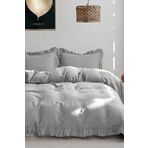 Evlen Home Collection Pamuklu Taş Yıkama Fırfırlı Nevresim Takımı Çift Kişilik 4 Parça Barella Yumuşak Nevresim Seti Gri