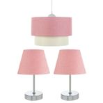 EvLight 3'lü Set Avize Ve Komodin Üstü Krom Abajur / Pembe